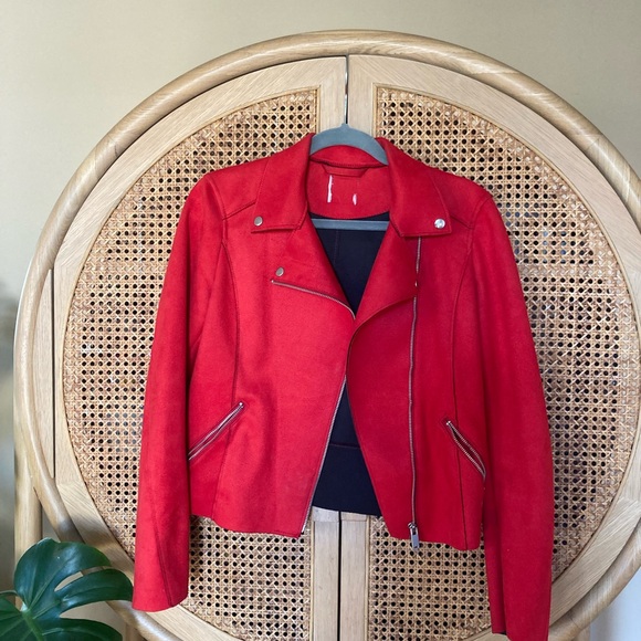 H&M Red Faux Suede Biker Jacket - Size US 2 - Picture 8 of 8